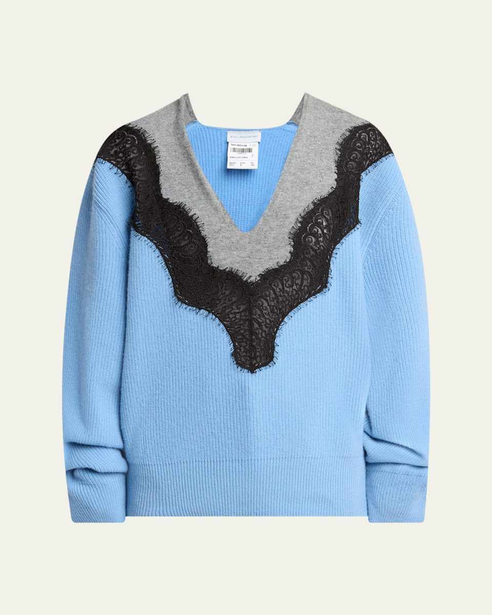 Colorblock Lace Insert V-Neck Ribbed Wool Sweat